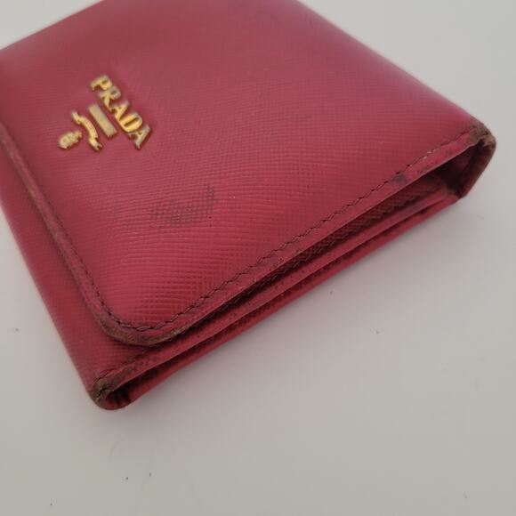 PRADA Authentic Leather Logo Wallet Pink Saffiano Trifold Compact Card Bill - Picture 14 of 16